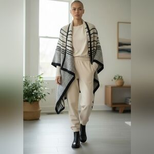 A.N.A A  Black / Cream Striped Open Front Long Sweater vest Cardigan NWT